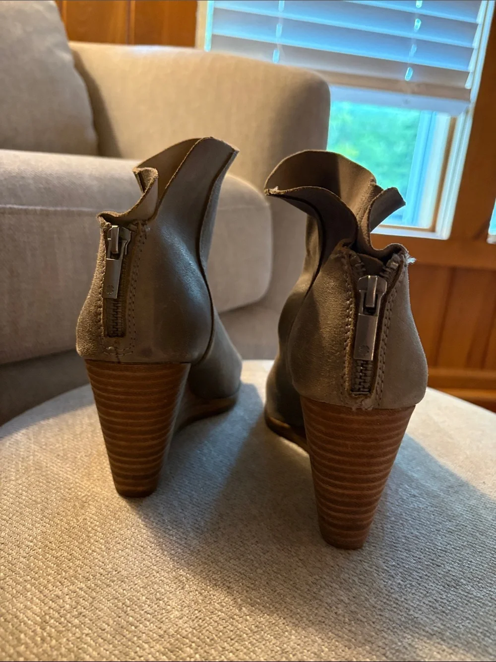 Lucky Brand Gray Open-Toe Wedge Booties, size 6, worn twice, soft leather